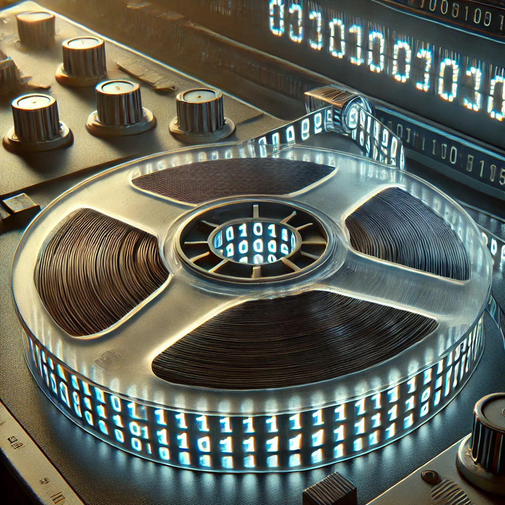 Fita magnética sendo lida por um computador, com bits de 0 e 1 visíveis na superfície, representando o armazenamento e processamento de dados binários.